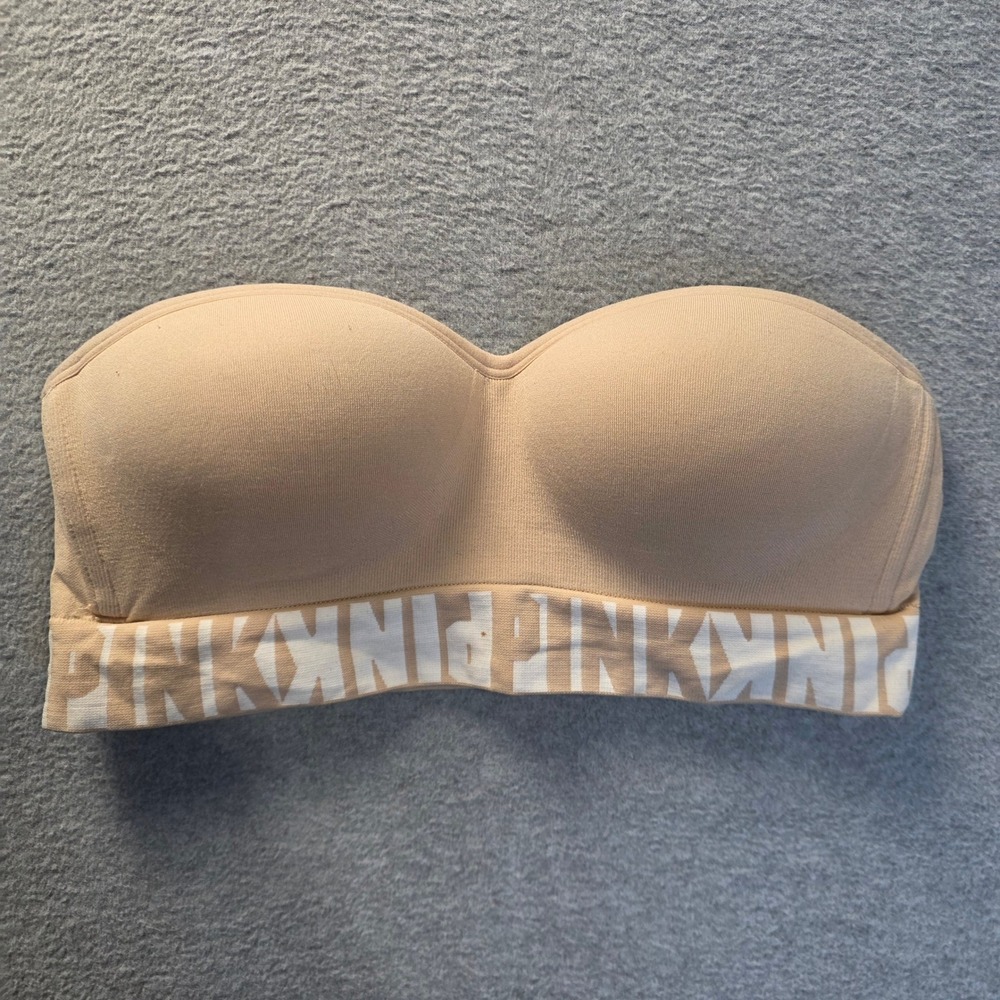 PINK Victoria's Secret Strapless Bandeau Bra Womens Small Nude Padded Logo Band